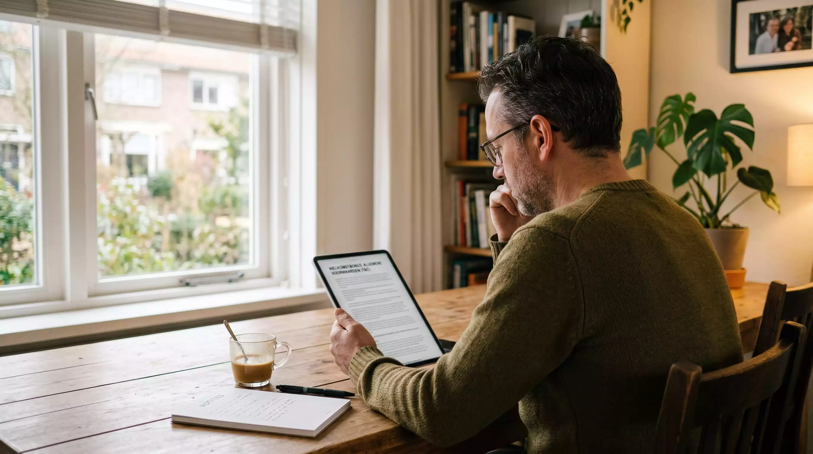 Persoon die rustig de voorwaarden van een welkomstbonus bestudeert aan een bureau