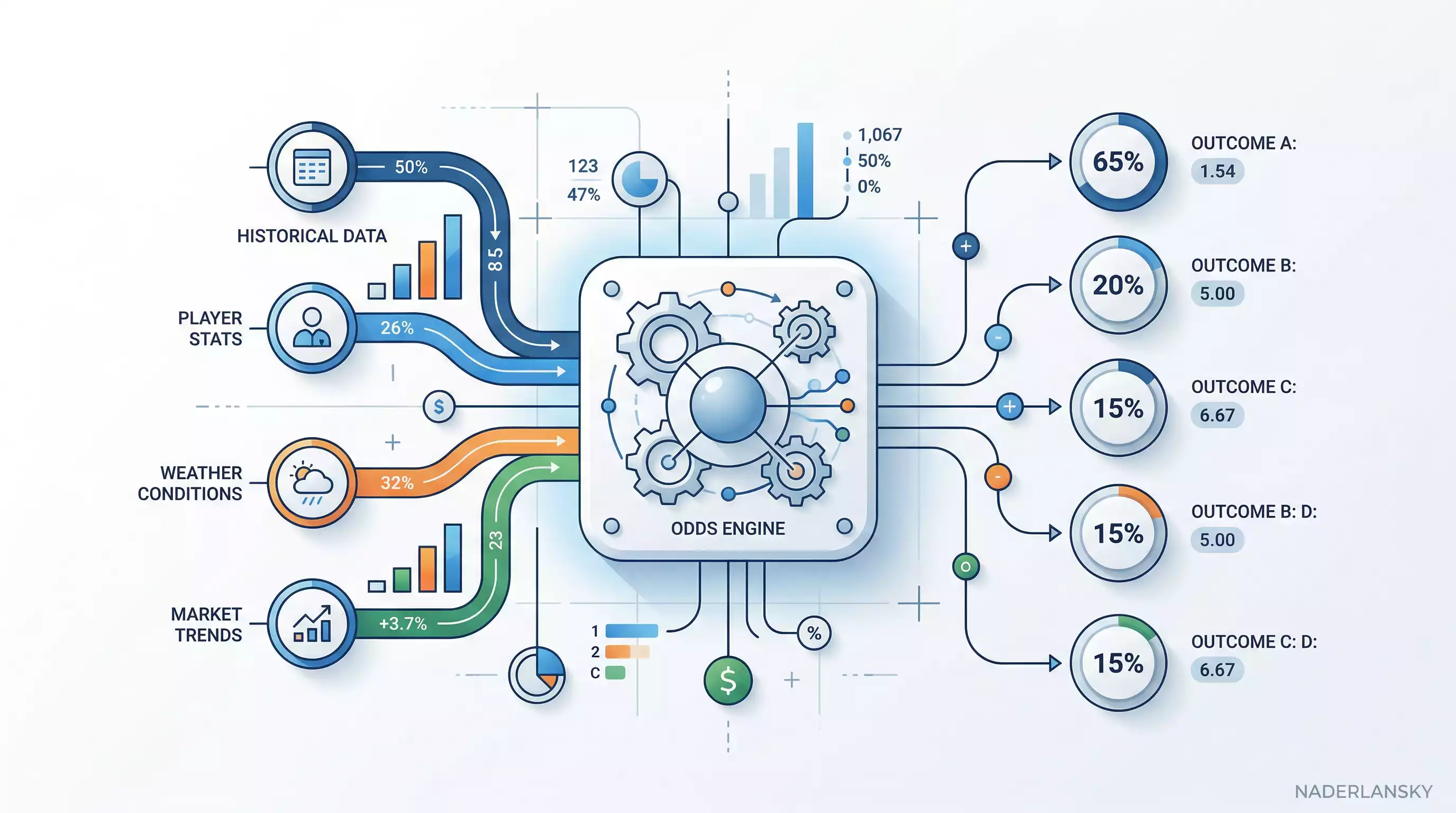 Visuele weergave van hoe bookmakers quoteringen bepalen met data en analyse