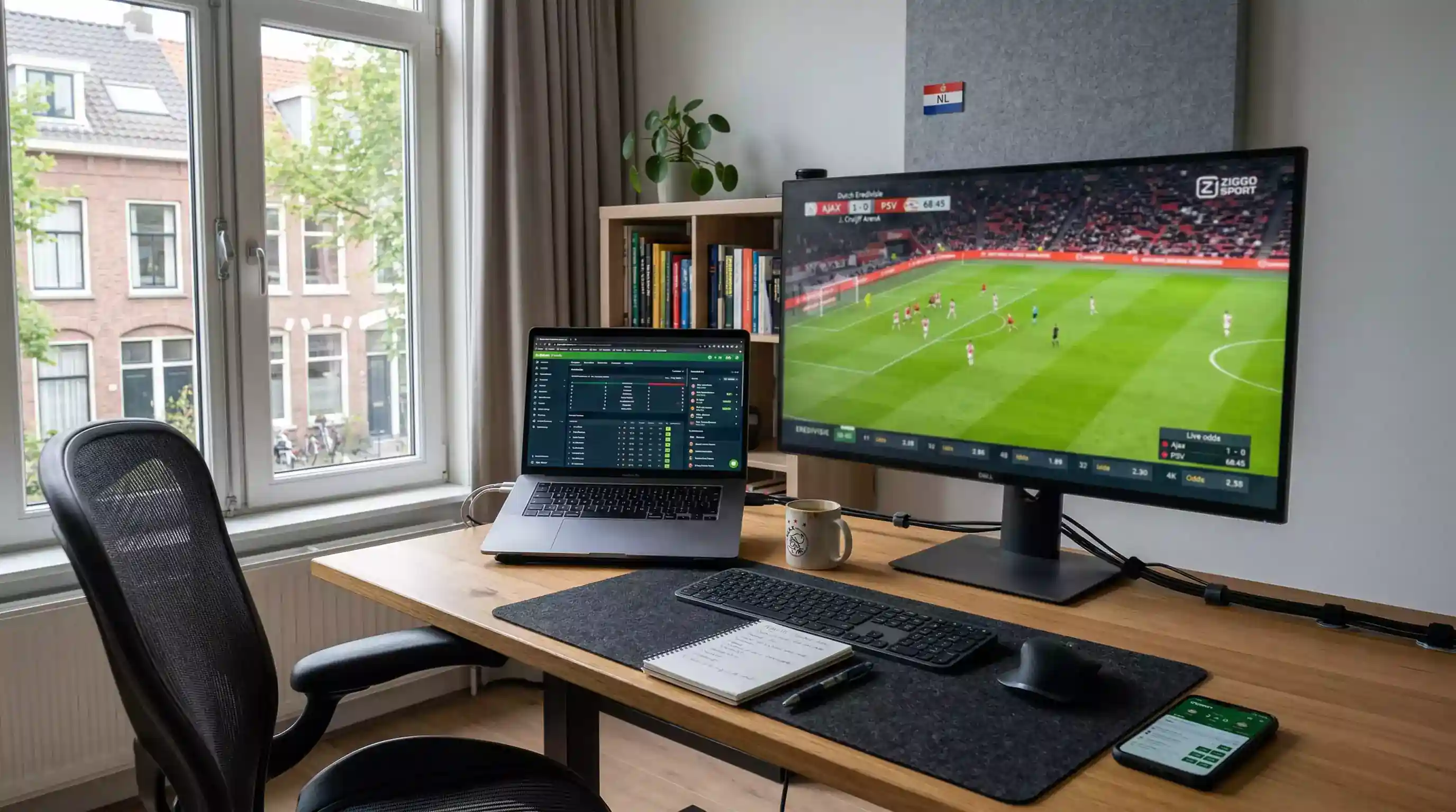 Professionele werkplek met laptop en groot scherm voor het volgen van live wedstrijden