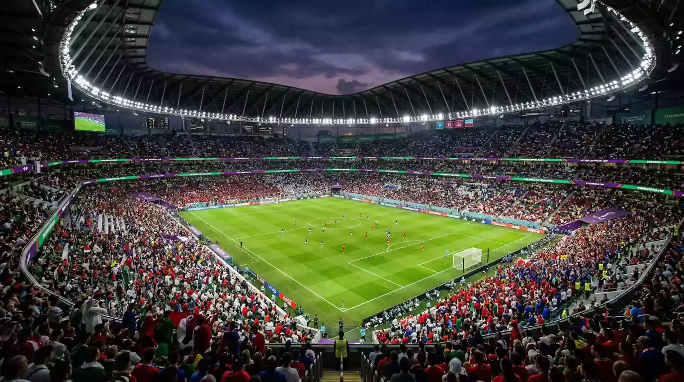 Voetbalstadion met spannende WK-wedstrijd en supporters die de actie volgen