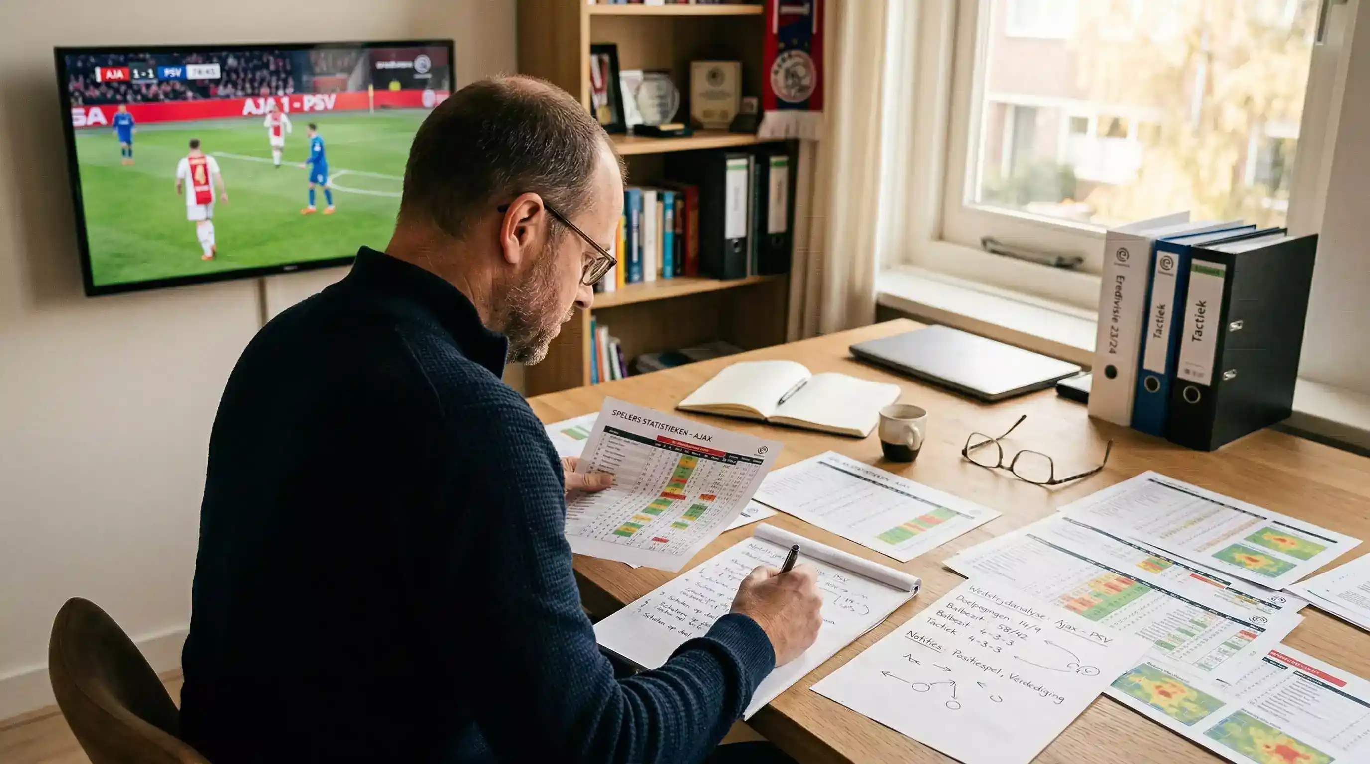 Strategisch denkende persoon die voetbalwedstrijden analyseert met notities en statistieken